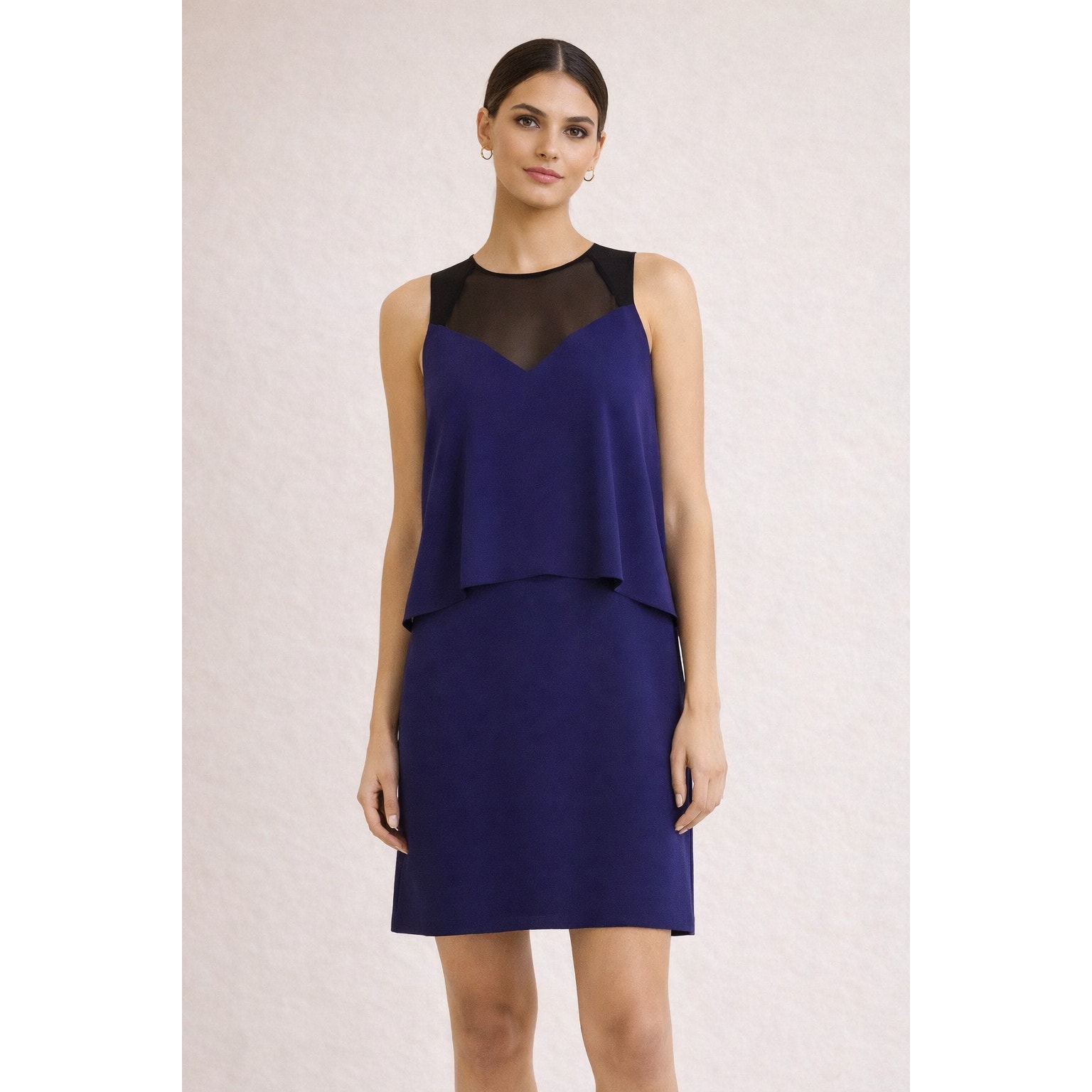 Sandro Romy Dress 6 Medium Blue Black Crepe Sheer Overlay Shift Layered Mini
